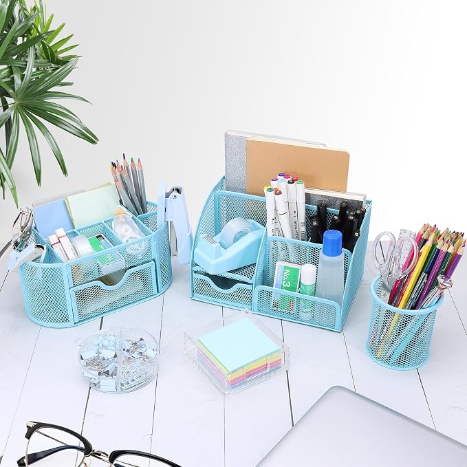 17 in 1 Blue Desk Organizers and Accessories Set, 3 Office Desk Supplies Storage Organization, 4 Pens, Stapler, Staples & Remover, Tape & Dispenser, Scissors, Ruler, Clips, Hole Punch, Back to School - Image 6