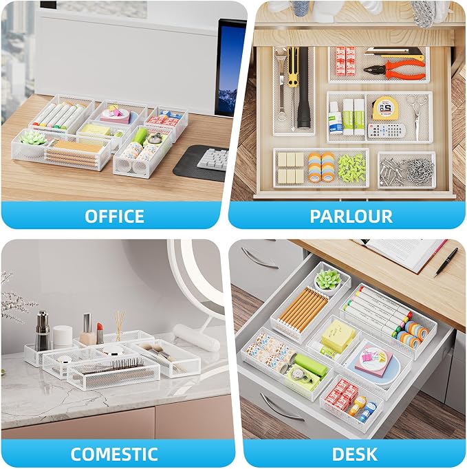 Marbrasse 5 Pack Desk Drawer Organizer Set, Mesh Drawer Storage Trays with 1 Adjustable Divider, Desk Organizers and Accessories, 5 PCS Drawer for Office Supplies, Makeup & Vanity (White) - Image 3