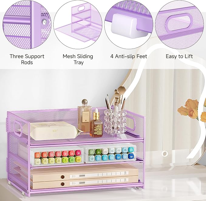 Subekyu 3 Tier Letter Tray Paper Organizer with Handle and 1 PC Sliding Tray, Purple Metal Mesh Desk File Folder Paper Sorter Organizer for Home Office School Desk Supplies Organization Storage - Image 5