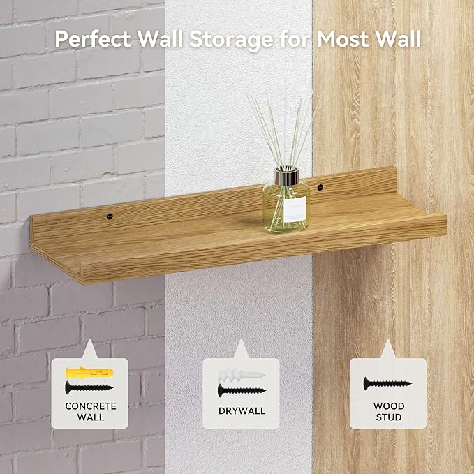 RICHER HOUSE 8-Set Floating Shelves with Lip, Oak Wall Mounted Wood Shelf | Display Picture Ledge Shelf, Anti-drop lip Shelf for Room Wall Decor, Bedroom Bathroom Storage Nursery Hanging Book Shelves - Image 5