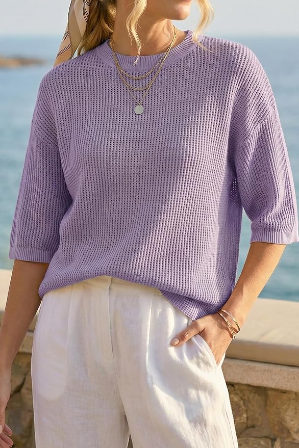 Arach&Cloz Womens Summer 100% Cotton Oversized Crochet Tops 3/4 Length Sleeve Sweater Hollow Out Casual Blouses 2026 - Image 2