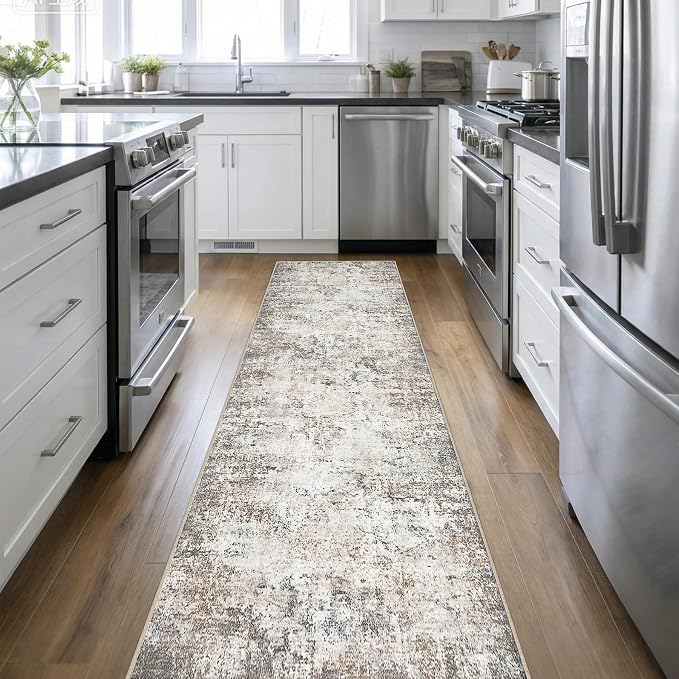 2.6'x14' Runner Rug Washable Rug: Modern Abstract Soft Thin Runner Rug Brown Grey - Image 2