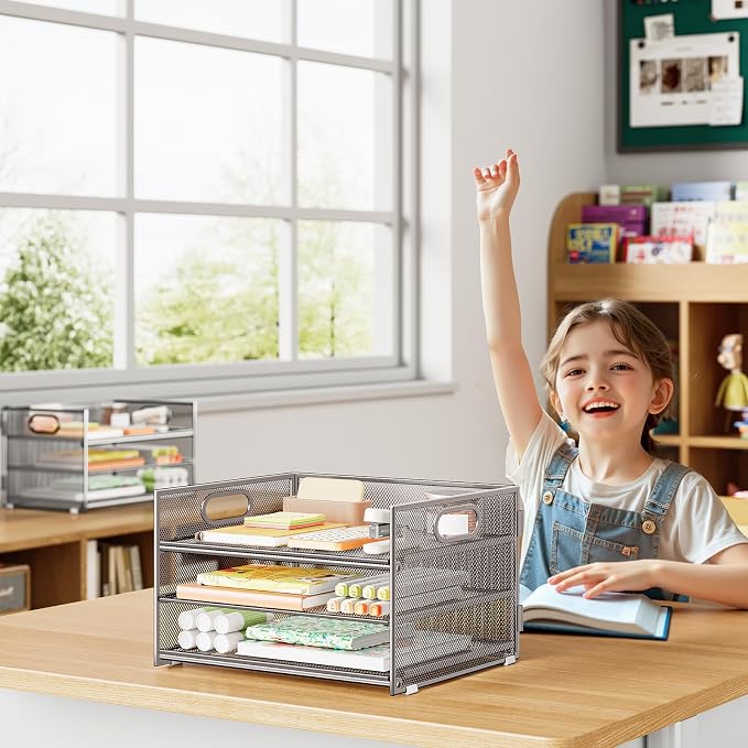 Subekyu 2-Pack 3-Tier Silver Metal Mesh Desk Paper Letter Tray & File Sorter Organizer with Handle + 1 Sliding Tray for Desk, Home, Office, School Supplies, A4 Paper and Accessories Storage - Image 4