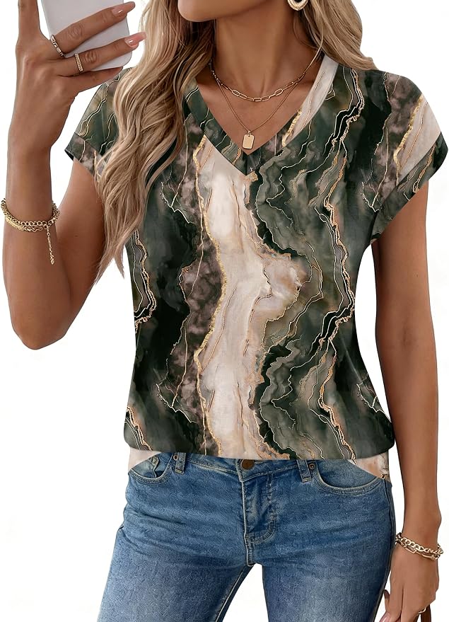 Rapbin Womens Summer Tops Women Blouses Dressy Casual V Neck T Shirts Short Sleeve Spring Tops for Women - Image 2