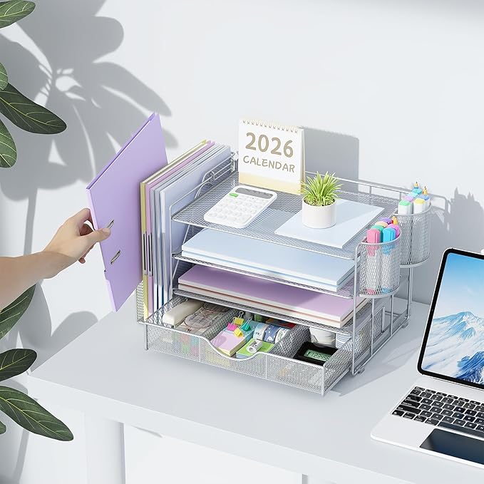 gianotter Desk Organizers and Accessories with File Holder, 4-Tier Desk Accessories & Workspace Organizers with Drawer and 2 Pen Holder, Paper Organizer for Office Supplies (Grey) - Image 6