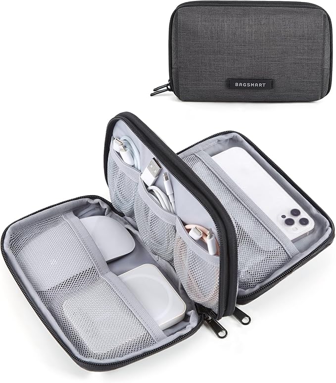 BAGSMART Electronics Travel Organizer for Cords Chargers Phones, Black | Travel Essentials, Tech Organizer Pouch, Cord organizer bag for Cables, Compact Travel Accessories by BAGSMART