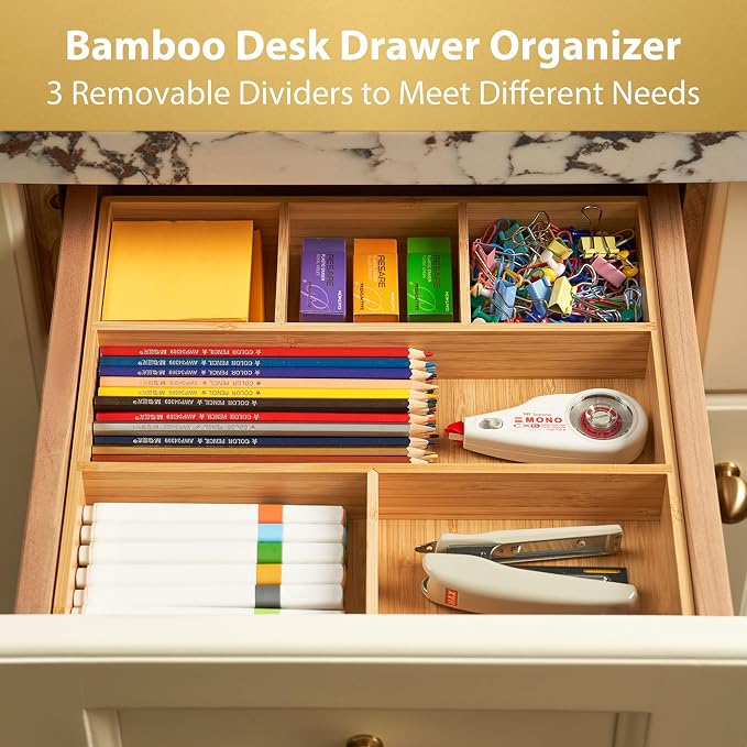 Umilife Bamboo Desk Drawer Organizer, Wood Office Junk Tray, 12"x12" | 1.8" Tall for Shallow Drawer - Adjustable dividers - Anti Slip Silicone Pads - Versatile Storage Box in Kitchen, Pantry - Image 3