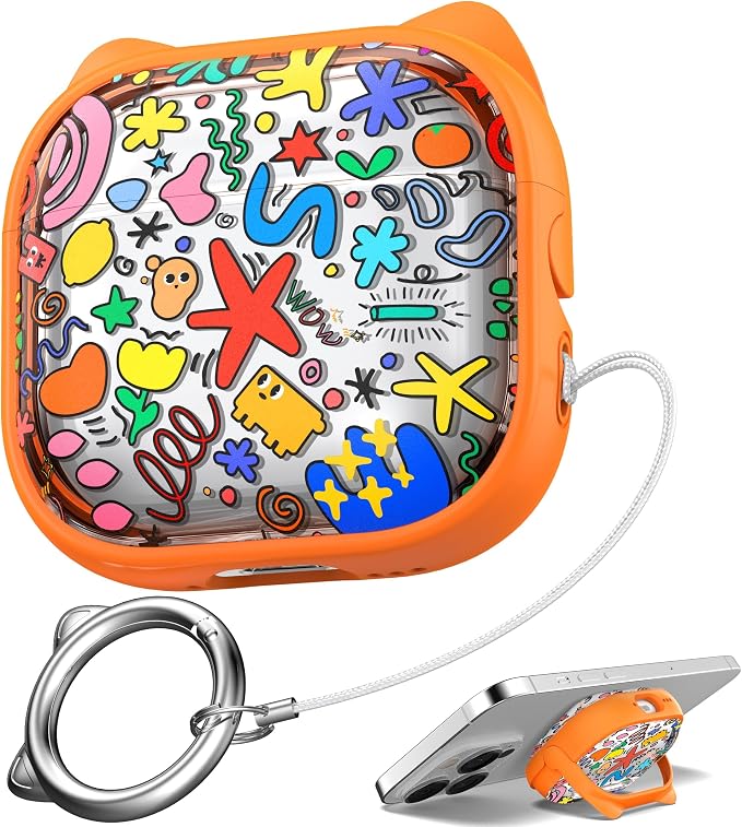 for AirPods 4 Case with Cleaning Kit, Cute Cat Ear Print Design & Cute Buckle, Inverted Phone Holder Design, Top Safe Lock Buckle Design, for Girls AirPods 4 case 2024, Orange Seaworld by MHYALUDO