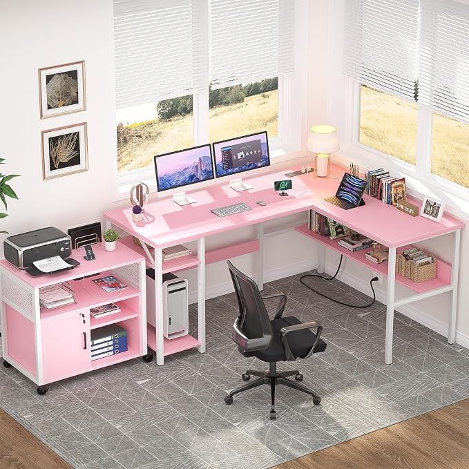Unikito Reversible L Shaped Desk with Magic Power Outlets and USB Charging Ports, Sturdy Corner Computer Desk with Storage Shelves, Gaming Table Home Office Desk, Easy to Assemble, Pink - Image 2
