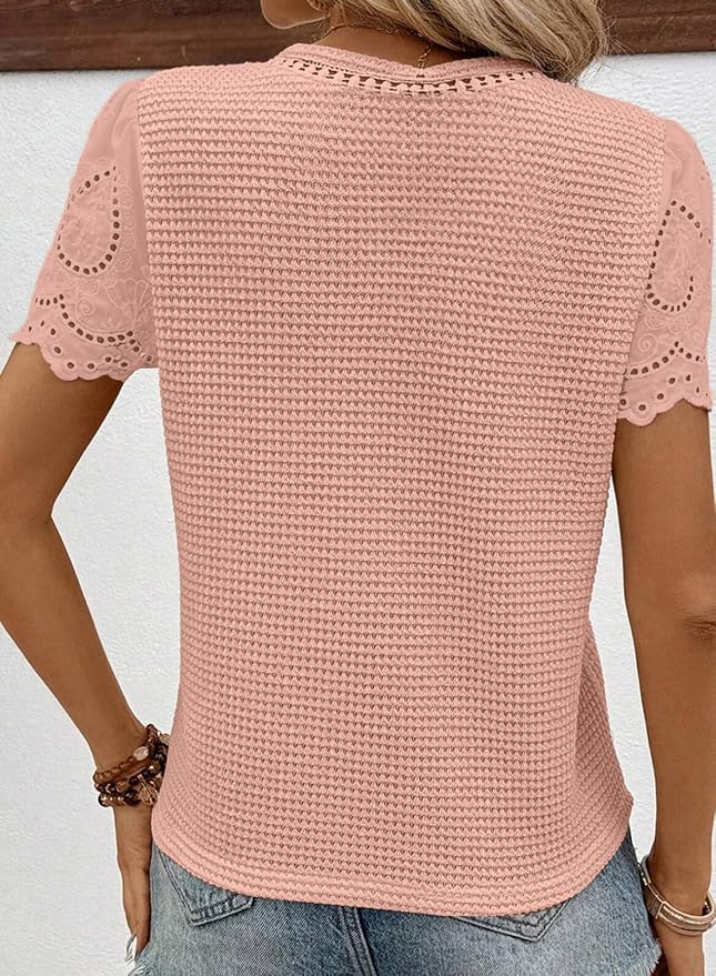 SHEWIN Womens Frenchy Summer Tops Crewneck Short Sleeve T Shirts Casual Waffle Knit Jacquard Blouses Top Shirts - Image 2