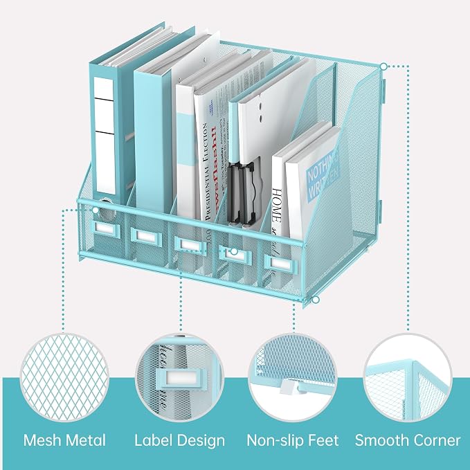 SUPEASY Desk Organizers Metal Desk Magazine File Holder with 5 Vertical Compartments Rack File Organizer for Office Desktop, Classroom, Home Workspace, Blue Plus - Image 4