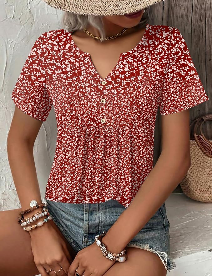 Zeagoo Womens Short Sleeve Tops Summer Henley V-Neck Tshirts Casual Pleated Blouse Dressy Loose Floral Basic Tee - Image 4