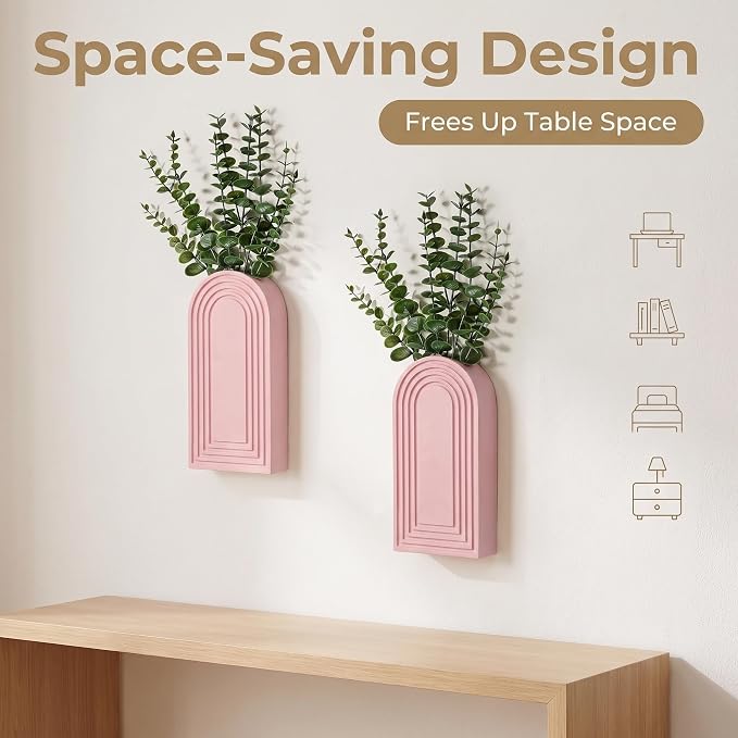Dnnnii 2 Pack Wooden Wall Vase Set - Pink Finish Modern Farmhouse & Boho Wall Decor for Entryway, Hallway, Bathroom, Living Room, Dining Room, Narrow Spaces - Image 2