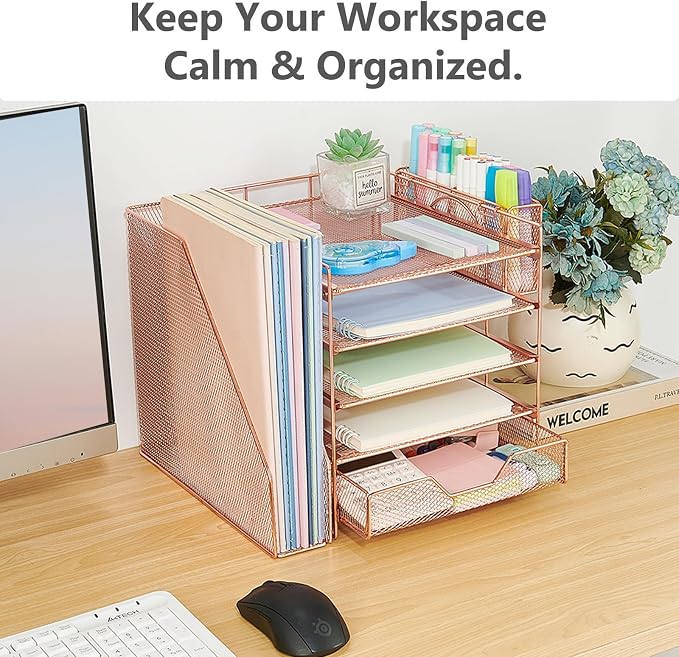 Desk Organizers and Accessories, 5-Tier Paper Letter Tray Organizer with File Holder, Drawer & Pen Holder, Office Desk Accessories, Desktop Organizer for Classroom Office Supplies, Rose Gold - Image 7
