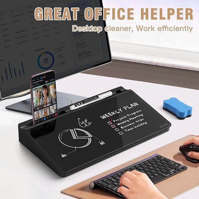 SELEAD Desktop Glass Whiteboard with Storage, Small Dry Erase White Board Computer Pad Keyboard Stand for Home, School, Office Desk Accessories - Black - Image 2