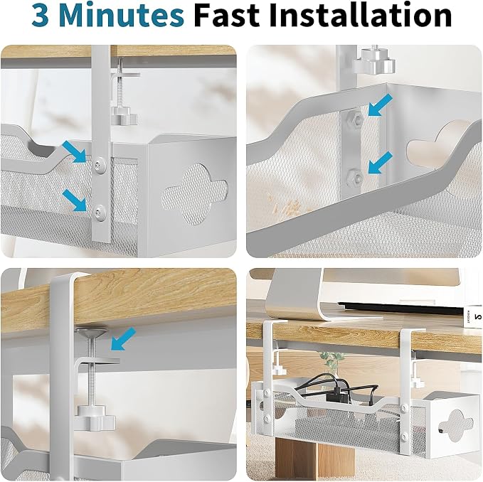Under Desk Cable Management Tray 3 Pack, Cable Management Under Desk No Drill, Cable Organizer with Clamp for Wire Management, Cord Organizer for Office, Home - No Damage to Table (White) - Image 6