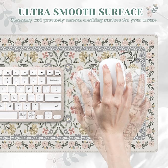 iCasso Aesthetic Mouse pad,23.6x13.7 Desk Pad Mat, Gray Floral | Desk Matt for Desktop, Anti-Slip Mousepad with Stitched Edges for Laptop Computer Keyboard - Image 3