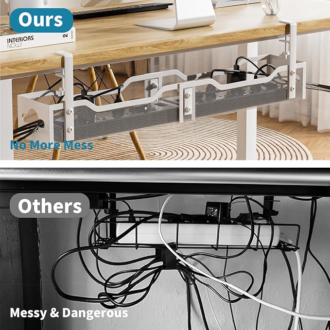 Under Desk Cable Management Tray White, Litwaro Cable Management Under Desk No Drill, 25'' Cable Tray with Clamp for Wire Management, Cord Organizer for Office, Home - No Damage to Table - Image 3