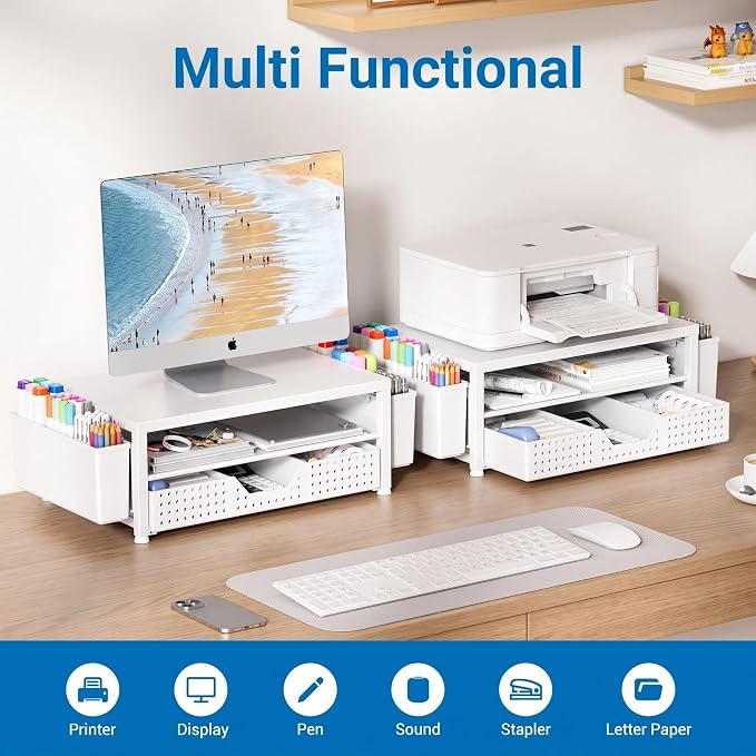 OPNICE Desk Organizers and Accessories, 2-Tier Computer Monitor Stand Riser with Drawer and 2 Pen Holders, Laptop Stand, Office Desk Accessories for Office Supplies, White - Image 4