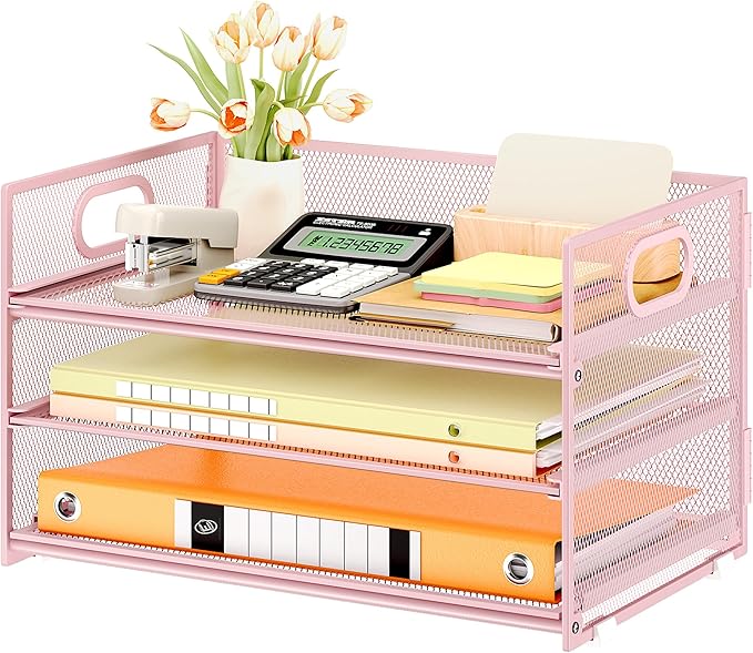 Subekyu 3 Tier Paper Letter Tray Organizer for Desk, Pink Metal Mesh File Folder Sorter Organizer with Handle and 1 PC Sliding Tray for Home Office School Desk Supplies Organization Storage by SUBEKYU
