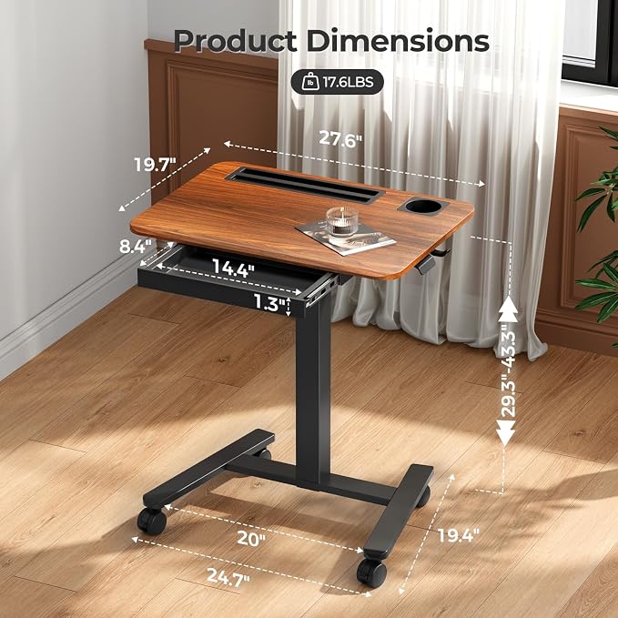 28" Mobile Standing Desk with Drawer, Portable Laptop Desk | Rolling Desk with Cup Holder and Hooks, Height Adjustable Computer Cart with Storage, Lockable & Hidden Wheels, Dark Wood - Image 2