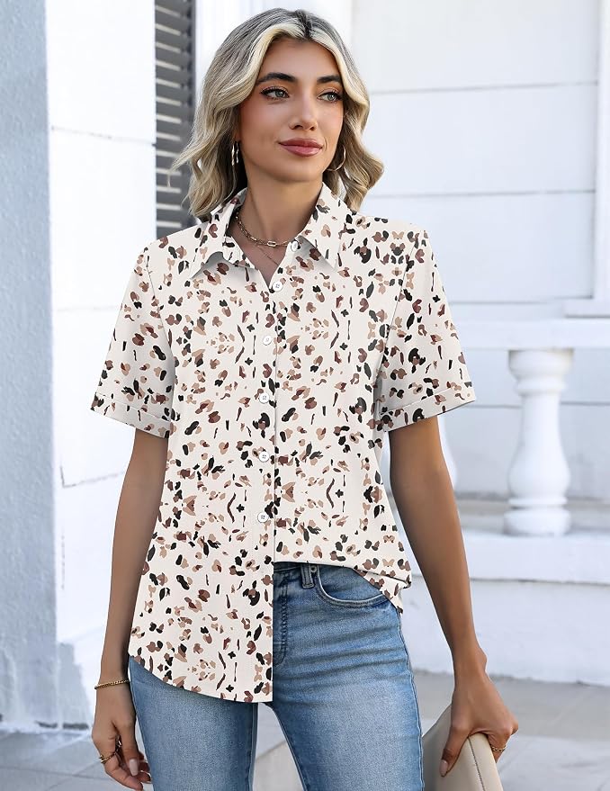Zeagoo Button Down Shirts for Women Short Sleeve Collared Tops Dressy Casual V Neck Blouses - Image 4