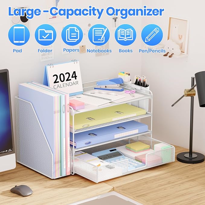 OPNICE Desk Organizer, 4-Tier Desktop File Organizer with Drawer and Pen Holders, Office Desk Accessories, File Sorters, Workspace Organizers for Office Supplies(White) - Image 4