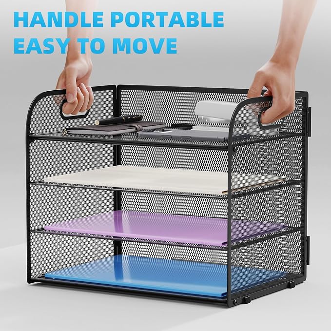 Marbrasse 4 Tier Paper Organizer Letter Tray - Mesh Desk File Organizer with Handle, Paper Sorter Organizer for Letter/A4 Office File Folder Holder (Black, 12.6" x 9.1" x 10.7") - Image 5