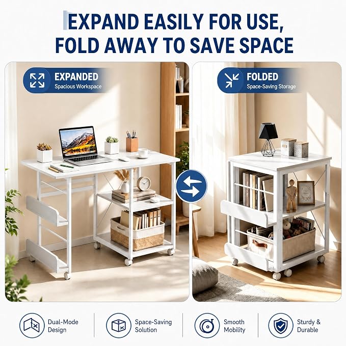 Garvee Folding Desk with Wheels, 31.5" Foldable Computer Desk with Storage Shelf, Space Saving Rolling Home Office Desk for Small Spaces, Portable Writing Table with Side Organizer, White - Image 4