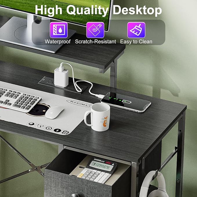 X-cosrack 33.5" Small Gaming Desk with LED Lights & Power Outlets, Compact Computer Desk with Monitor Stand & CPU Stand, Gamer Table with Storage Drawer, Side Hooks for Home Office, Bedroom, Black - Image 7