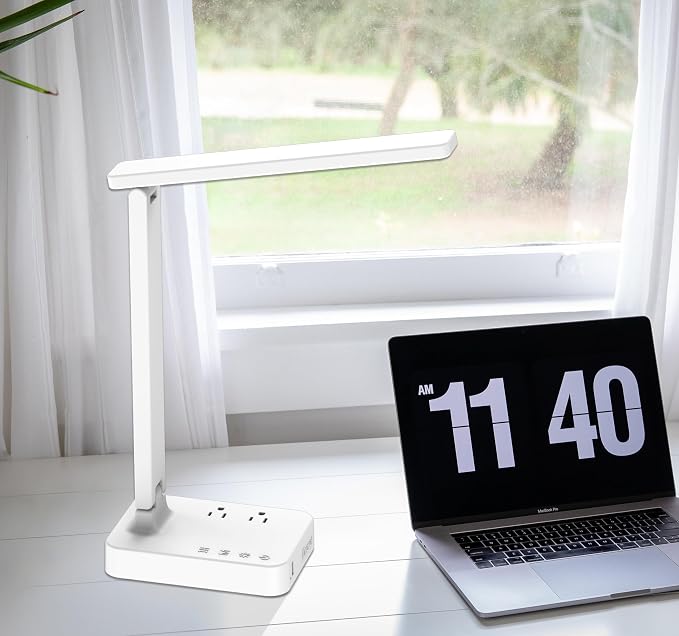 Drevet LED Desk Lamp, Desk Light with 1 USB Charging Port and 2 AC Power Outlet, 3 Lighting Modes, 3 Level Brightness,1H Timer, Touch Control, Eye-Caring Home Office Foldable Table Lamp (White) - Image 7