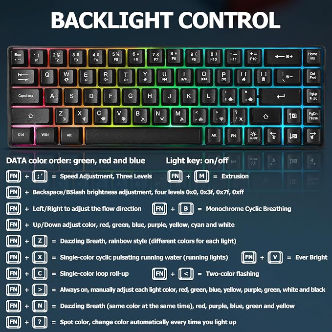 Guiheng Wired Portable 60% Mechanical Feeling Gaming Keyboard,RGB LED Backlit Compact 68 Keys Mini Wired Office Keyboard with Red Switch for Windows Laptop PC Mac - Black - Image 7