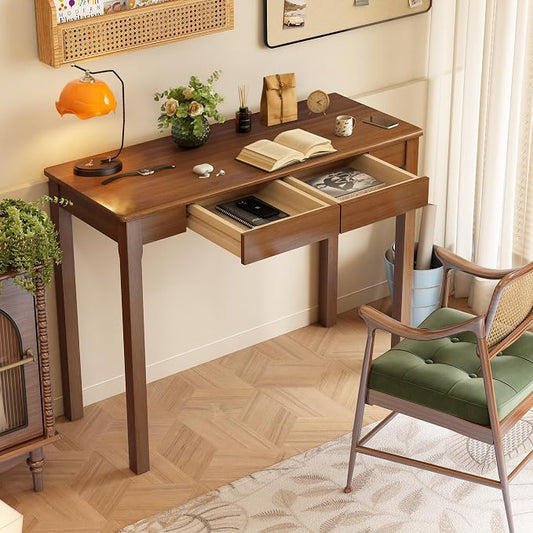 Wood Desk with Drawers - Solid Wood Mid Century Modern Desks for Bedroom, Small Computer Desk for PC, Laptop, Study, Makeup, 39.4 W x 29.5 H x 15.75 D in, Walnut Color by Sumbame