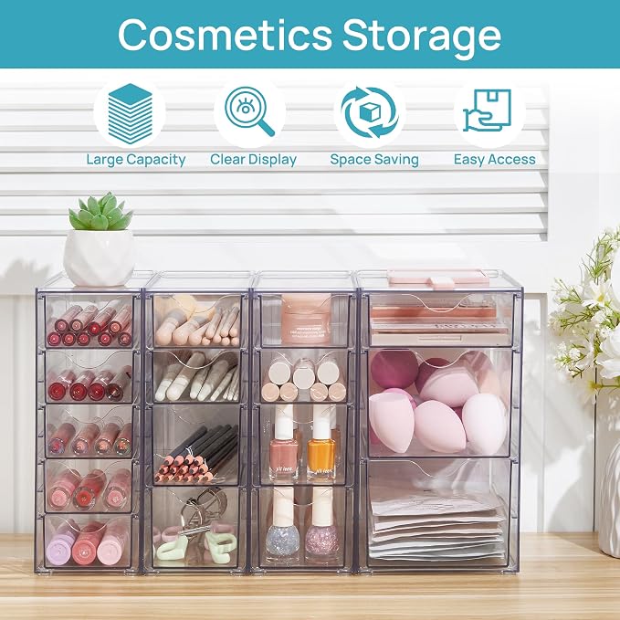Vtopmart 4 Set Acrylic Desk Organizer with 16 Drawers for Office, Makeup | Clear Storage Drawers for Office Supplies, Desktop Organization for Makeup, Jewelry, Art Crafts, Bead, Pen, Stationary - Image 7