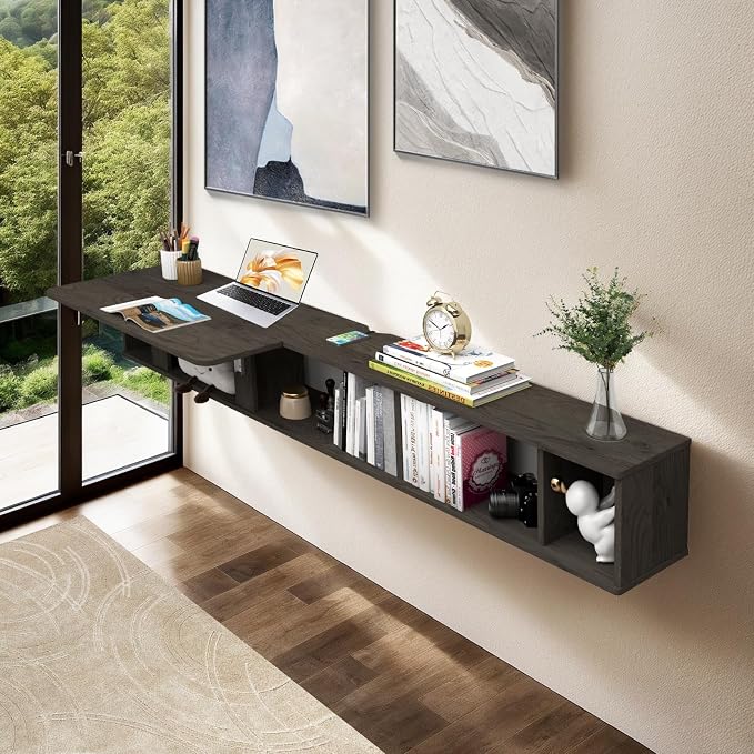 Pmnianhua 63'' Floating Desk with Storage Shelves,Wall Mounted Desk Laptop Computer Writing Study Table for Bedroom Small Space(Dark Grey) by Pmnianhua