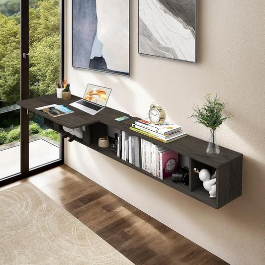 Pmnianhua 63'' Floating Desk with Storage Shelves,Wall Mounted Desk Laptop Computer Writing Study Table for Bedroom Small Space(Dark Grey) by Pmnianhua