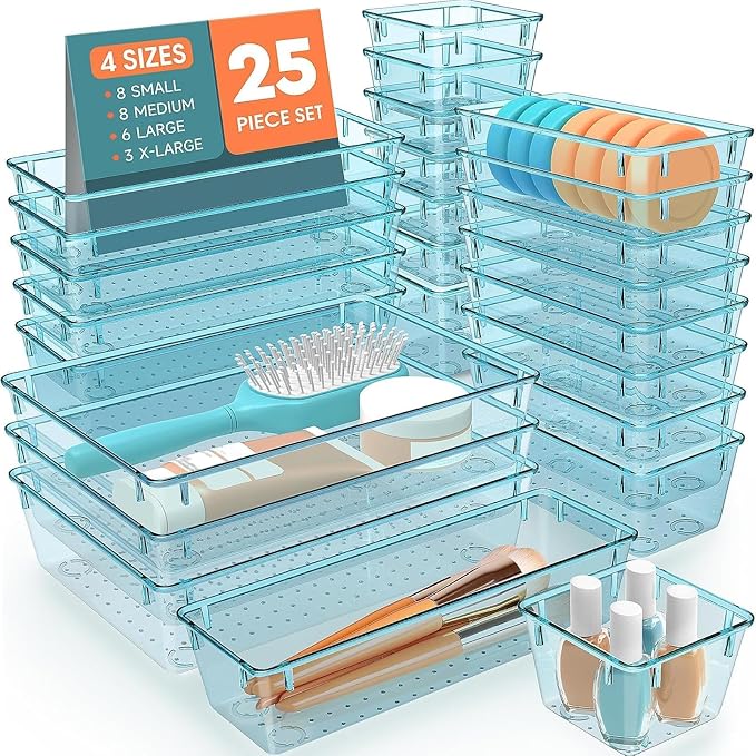 SpaceHacks 25 PCS Plastic Drawer Organizer Set, 4-Size Versatile Organizer Trays & storage Bins for Makeup, Jewelry, and Gadgets in Bathroom, Bedroom and Office, Sea Blue by SpaceHacks