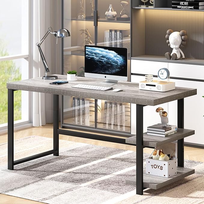 FOLUBAN 47 Inch Home Office Desk, Modern Computer Desk with Storage Shelves, Small Study Writing Gaming Table Workstation for Living Room Bedroom, Industrial Light Grey - Image 3
