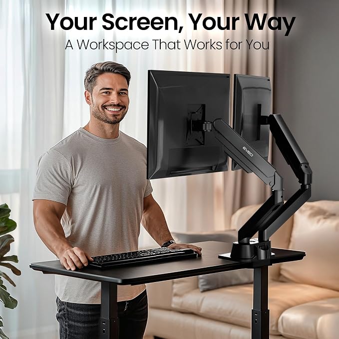 EVEO Premium Dual Monitor Mount 14"-32” Dual Monitor Arm VESA Bracket Adjustable Height Gas Spring Dual Monitor Stand, Screen Full Motion Dual Monitor Arm-Computer Monitor Stand for 2 Screens - Black - Image 2