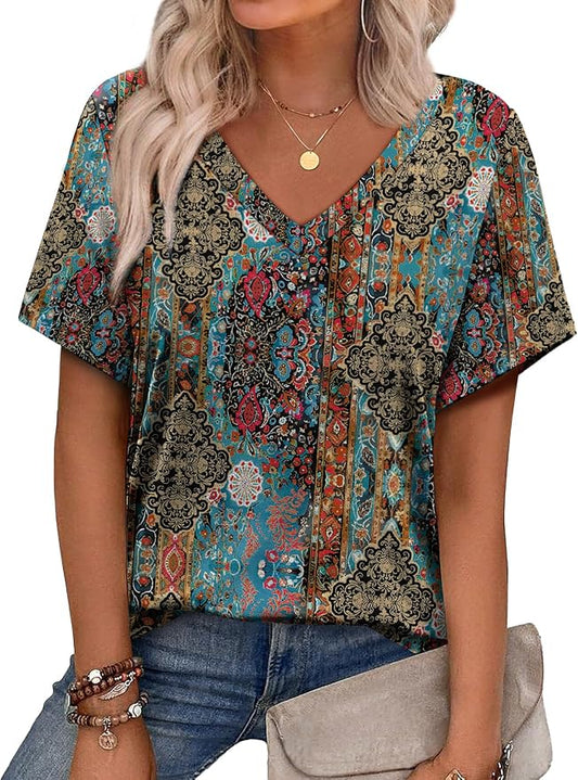 Alaroo Womens Summer Tops 2026 V Neck Short Sleeve Shirts Trendy Dressy Casual Vacation Outfits Printed by Alaroo
