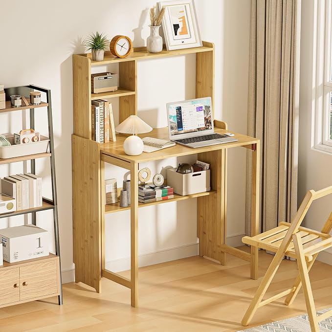 Folding Desk with Bookshelf, Compact Foldable Desk for Small Spaces,Natural | Bamboo Computer Desk with Storage Shelf, Space-Saving Home Office Desk with Hutch for Bedroom, Dorm, Apartment - Image 8