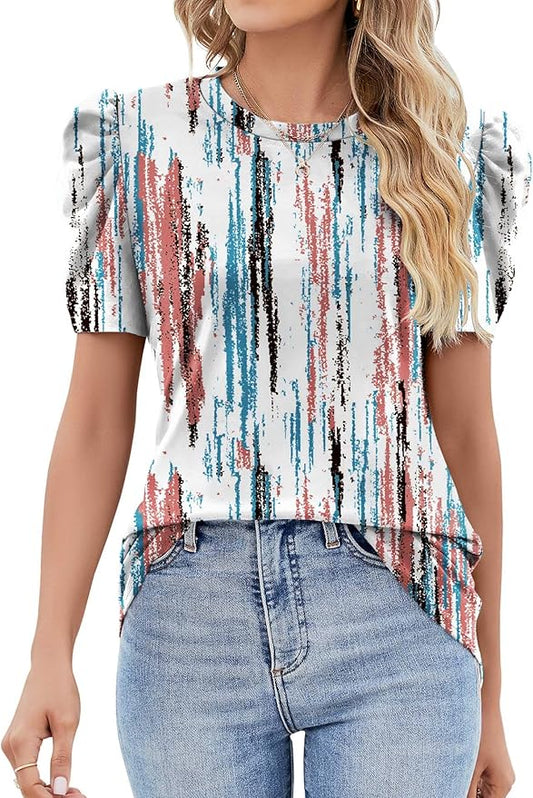 Ivicoer Puff Short Sleeve Shirt for Women Eyelet Tops Summer Crewneck Blouse Loose Fit S-XXL by Ivicoer