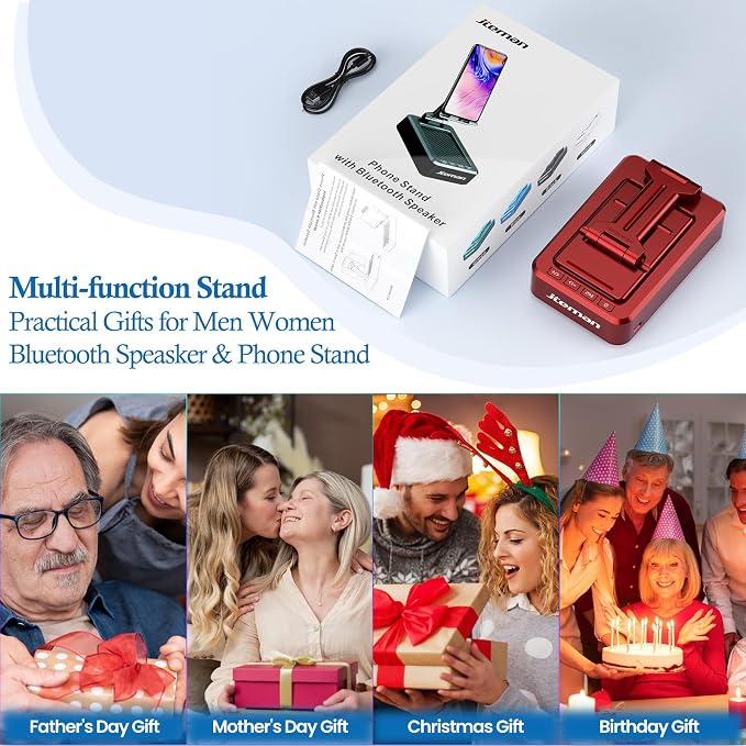JTEMAN Portable Phone Stand with Speaker Bluetooth Wireless,Gifts for Men Women,Birthday for Women,Kitchen Gadgets for Men,Phone Holder for Desk - Red - Image 7