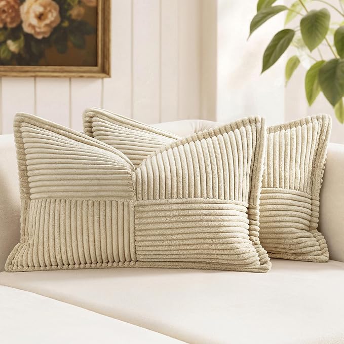 MIULEE Decorative Lumbar Throw Pillow Covers for Couch Bed Livingroom 12x20 Inch Set of 2 Cream Boho Accent Throw Pllows Broadside Striped Patchwork Soft Corduroy Pillowcases by MIULEE