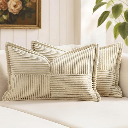 MIULEE Decorative Lumbar Throw Pillow Covers for Couch Bed Livingroom 12x20 Inch Set of 2 Cream Boho Accent Throw Pllows Broadside Striped Patchwork Soft Corduroy Pillowcases by MIULEE