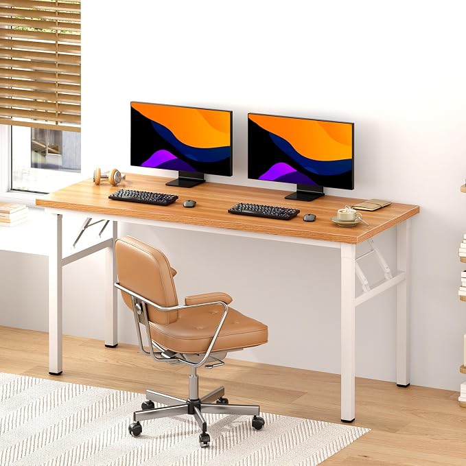 Need Office Computer Desk 54.3 Inch Sturdy Folding Laptop Table Teak | White Frame Writing Gaming Work Table/Foldable Home Office Desk/Sewing Table, No Assembly Required - Image 4