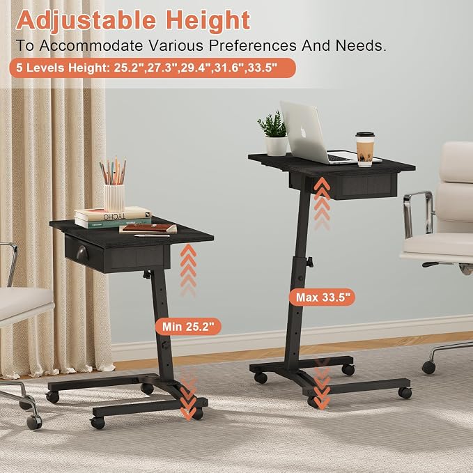Rolling Adjustable Height Standing Desk With Drawers, Small Mobile Laptop Desk Cart On Wheels For Small Spaces Home Office, Portable Sitting Laptop Table For Bed Couch Load Up To 60LBS, Sturdy, Black - Image 5