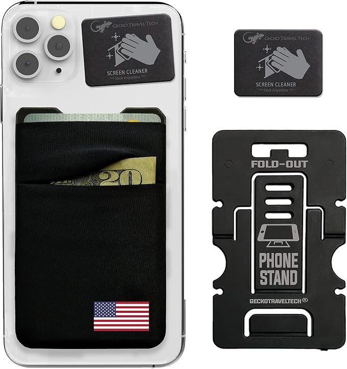 Double Pocket Adhesive Card Holder - Cell Phone Pouch - Stick on Spandex Pocket by Gecko - Carry Credit Cards and Cash - Phone Wallet – (USA FLAG) by GeckoTravelTech
