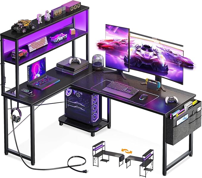 AODK L Shaped Desk Gaming Desk with LED Light & Power Outlet | 53 Inch Black Reversible L Shaped Computer Table with Shelf & Storage Bag & Hook for Home Office by AODK