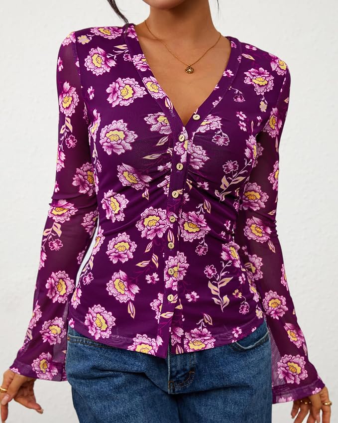 BTFBM Button Down Shirts for Women 2026 Fall Boho Tops V Neck Long Sleeve Blouses Ruched Mesh Fitted Fashion Clothing - Image 5